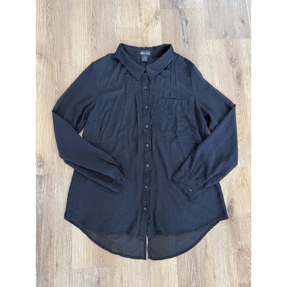 Y2K Wet Seal Button Down Blouse Womens XL Black Sheer High Low Split Hem Goth